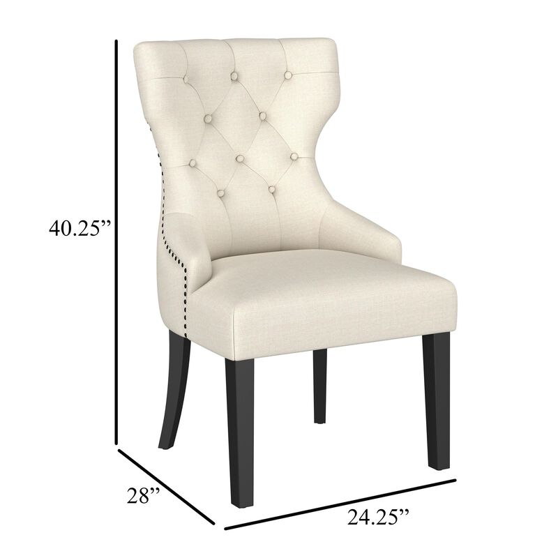 Aney Dining Side Chair, Curved Barrel Design, Beige Fabric, Black Wood - Benzara