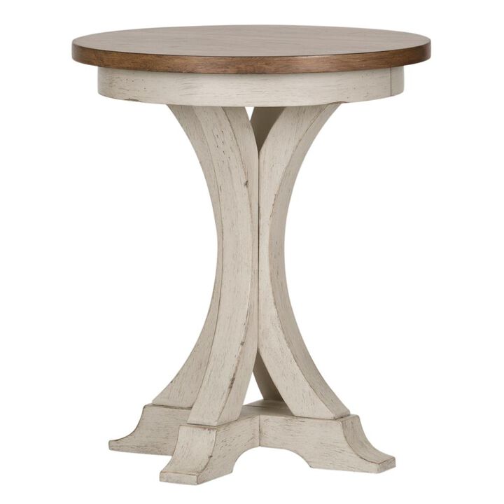 Liberty Furniture Farmhouse Reimagined Round Chair Side Table in Antique White w/ Chestnut Top