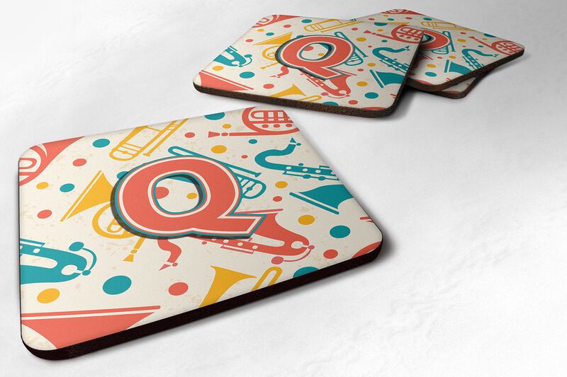 Caroline's Treasures CJ2001-QFC Letter Q Retro Teal Orange Musical Instruments Initial Foam Coasters (Set of 4), 3.5, Multicolor
