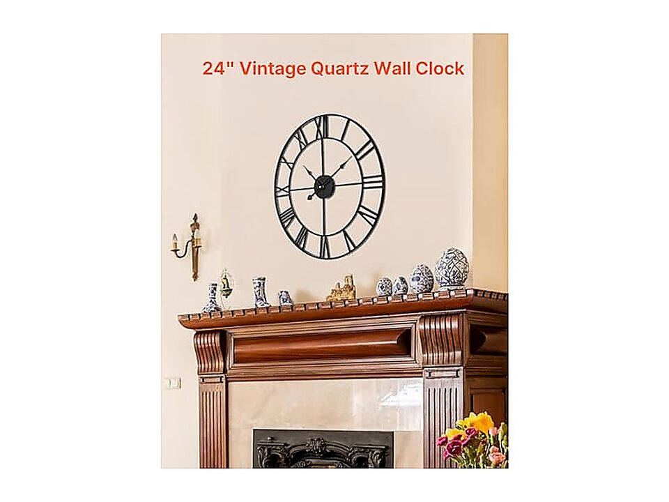 VEVOR Large Wall Clock 24 Inch Roman Numerals Battery Operated Non Ticking Decor