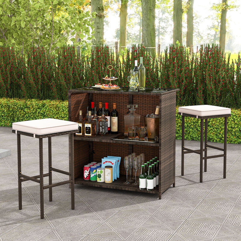 3 Pcs Patio Bar Set with Tempered Glass Tabletop