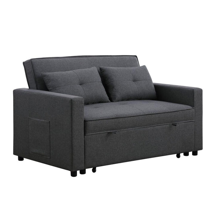 Vito 56 Inch Convertible Sleeper Loveseat with Side Pocket, Dark Gray Linen