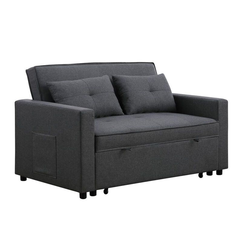 Vito 56 Inch Convertible Sleeper Loveseat with Side Pocket, Dark Gray Linen