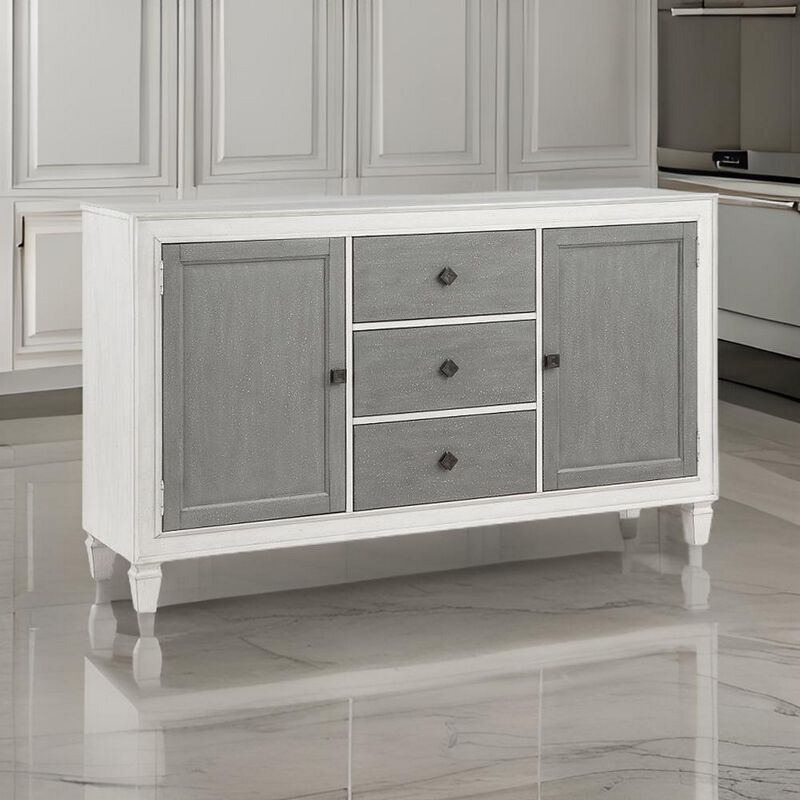 Kate 70 Inch Sideboard Server Console, 3 Drawers, 2 Cabinets, Gray, White
