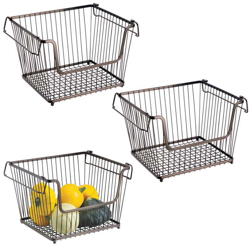 mDesign Large Metal Stackable Kitchen Basket w/ Handles - 3 Pack - Bronze