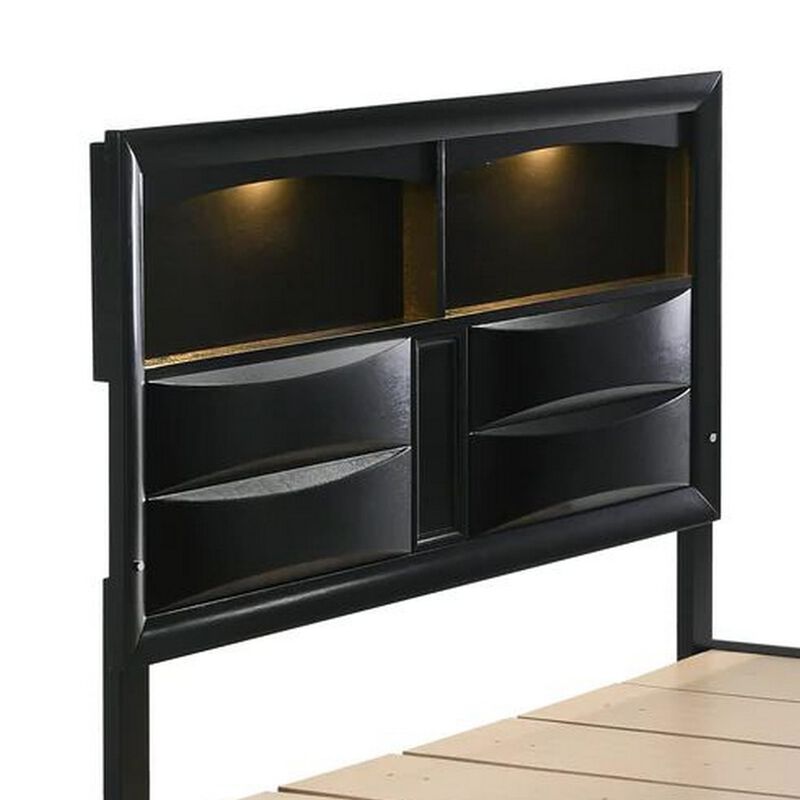 Benjara Flash King Size Bed, 2 Storage Drawers, Shelves, Black Wood, LED Headboard
