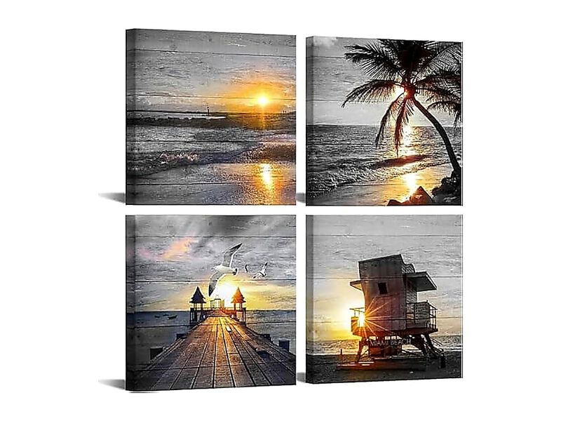 Bathroom Wall Art Black White Gold Beach Ocean Canvas Sunrise Sunset Seascape image number 0