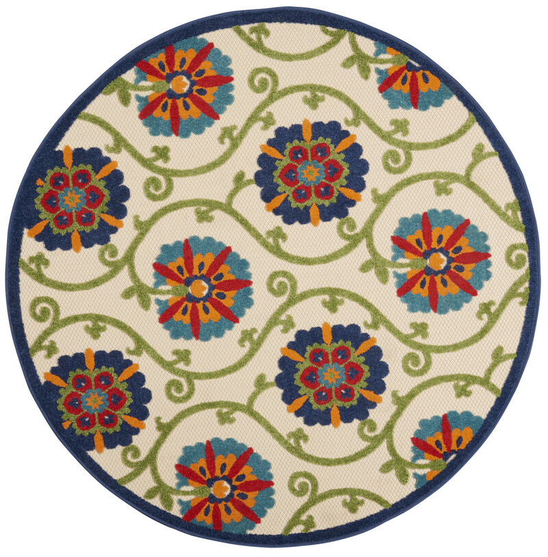 HomeRoots 5' Navy Blue Beige Green Blue And Red Round Floral Indoor Outdoor Area Rug image number 2