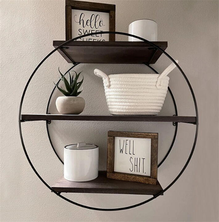 Hanging Storage Shelf Round Circular Wall Mounted 3-Tier Rack Decoration Black