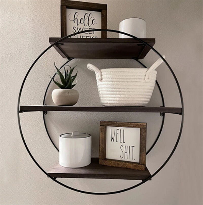 Hanging Storage Shelf Round Circular Wall Mounted 3-Tier Rack Decoration Black image number 1