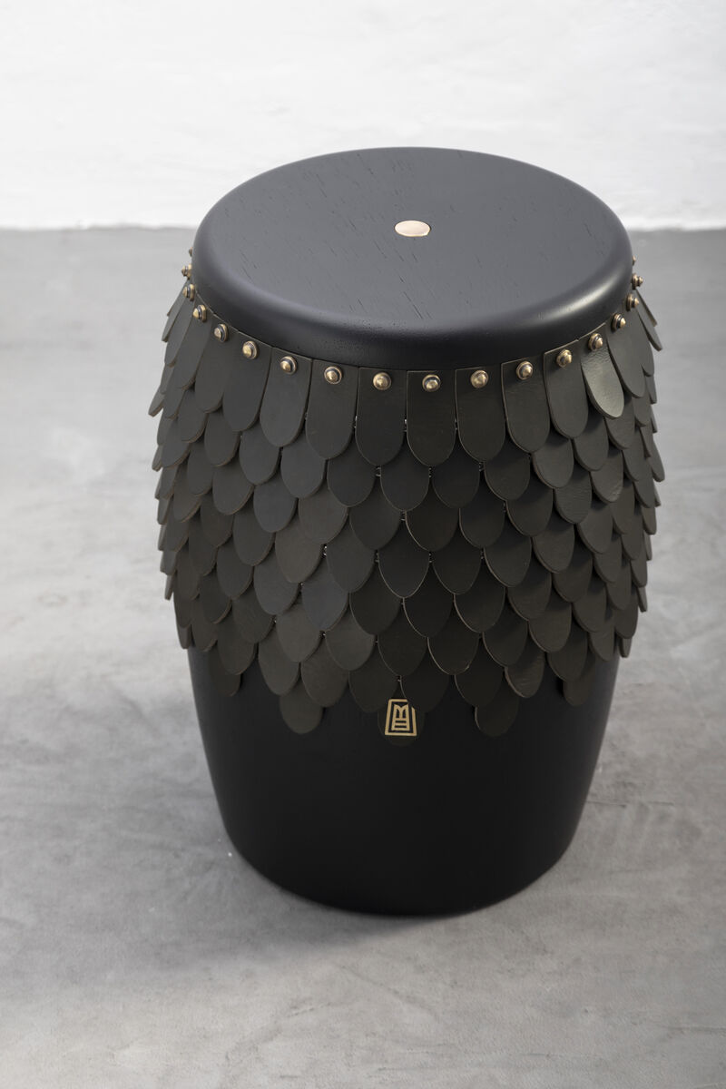SITIERA_01 Solid Wood Stool, with Olivo Thick Leather Accents, and Aged Bronze by ANDEAN, In Stock