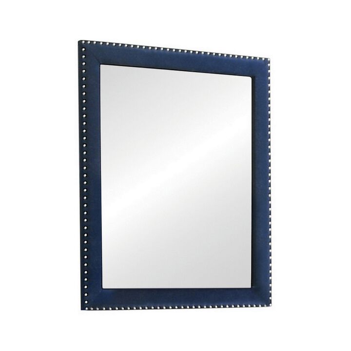 Cale 40 Inch Modern Glam Portrait Mirror, Nailhead, Blue Velvet Upholstered - Benzara