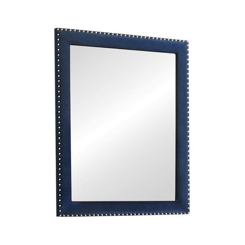 Cale 40 Inch Modern Glam Portrait Mirror, Nailhead, Blue Velvet Upholstered - Benzara