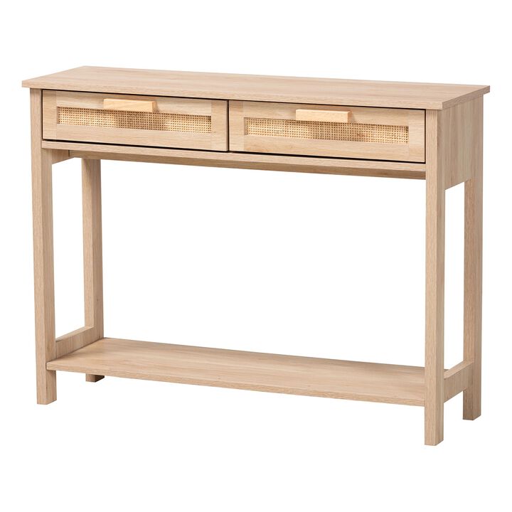 Baxton Studio Sebille Mid Century Light Brown Finished 2 Drawer Console Rattan Table