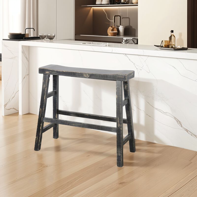 Rena Bar Height Bench | Trestle Legs with Footrests | 33" Wide Rustic Black Mahogany Wood - Benzara