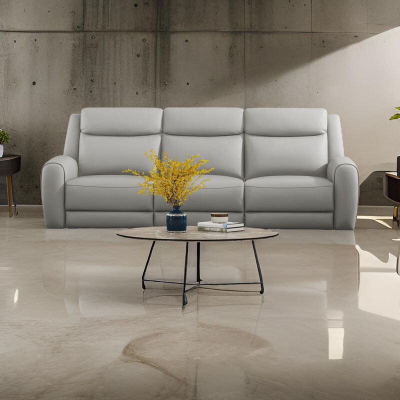 Cobe Sofa, Manual Recliner, 87 Inch, Solid Wood, Top Grain Gray Leather - Benzara