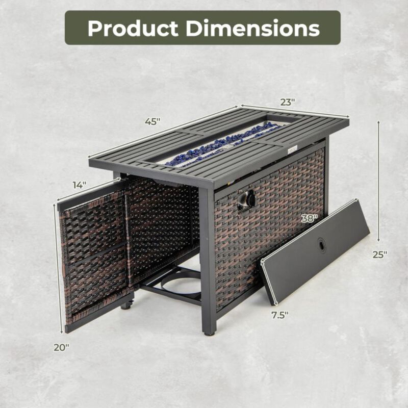Hivvago 45 Inch Propane Rattan Firepit Table with Glass Stones and Protective Cover-Mixed Brown image number 3