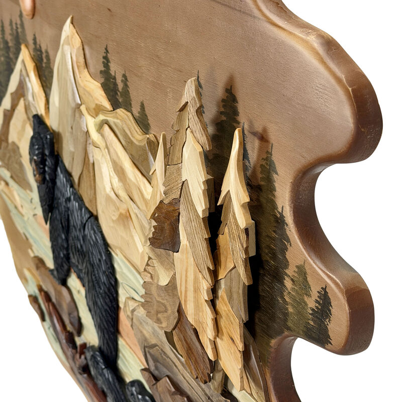 Bear Family River 25.5x34 Intarsia Wood Wall Sculpture Rustic Cabin Art image number 2