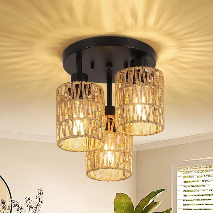 ELEMENT ACE 3-Light Hand-Woven Natural Rattan Semi Flush Mount Ceiling Light, Boho Rustic Farmhouse Style Ambient Lighting for Hallway Living Room Bedroom Entryway