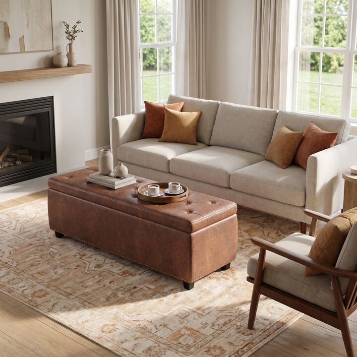 Hamilton 48 inch Wide Transitional Rectangle Storage Ottoman in Distressed Umber Brown Vegan Faux Leather, Assembled