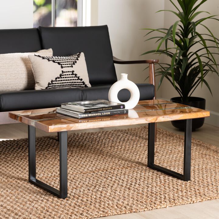 bali & pari Apio Wood Epoxy Resin Coffee Table with Glass Inlay - Rectangular Live Edge Teak wood Accent Table with Black Metal Base, Modern Rustic Centerpiece