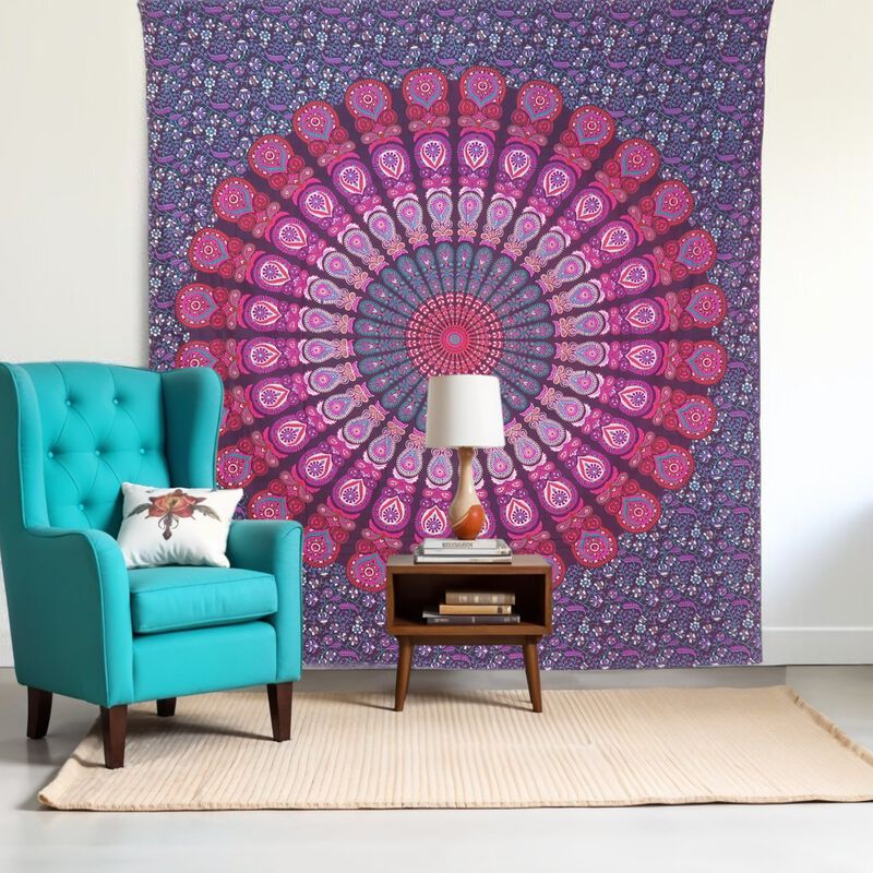 HomeRoots 92" X 84" Pink Red And Purple Mandala Cotton Hanging Tapestry image number 1