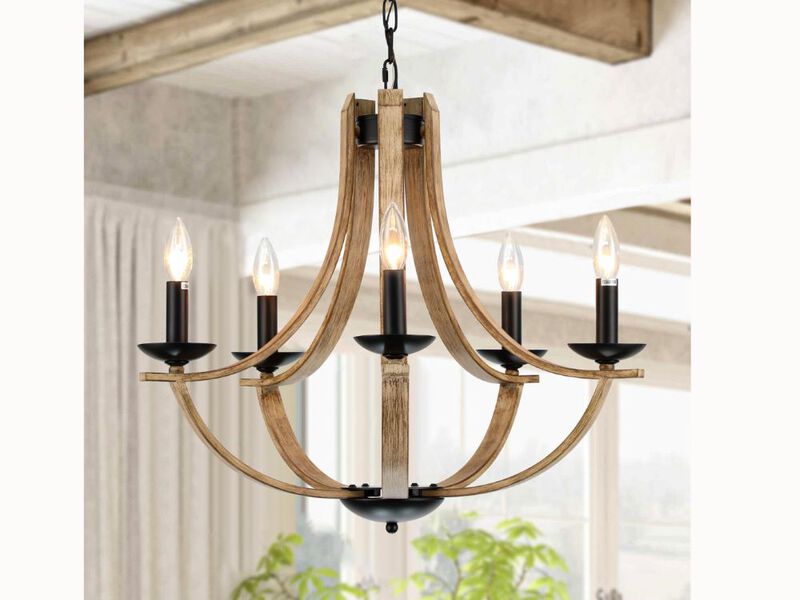 5-Light Farmhouse Chandelier – 24" Faux Wood Candle Pendant for Dining Room, Kitchen Island & Entryway (E12 Base)