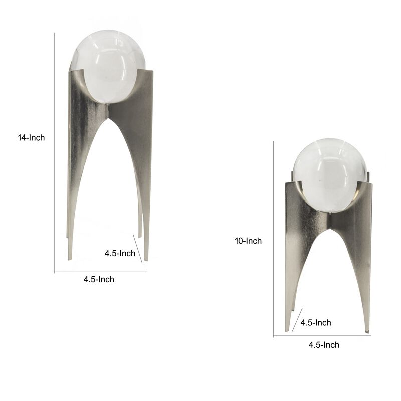 13, 10 Inch Crystal Orb Accent Decor Set of 2, Metal Stand, Art Deco