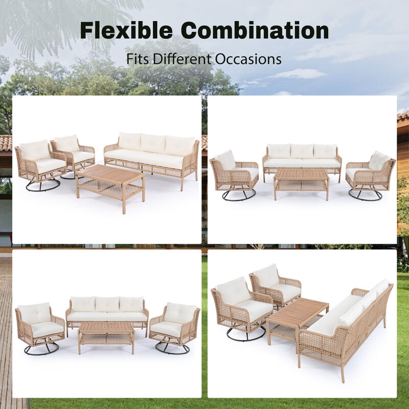 Whisen 5-Person Outdoor Sectional Wicker Sofa Set with Swivel Chairs for Poolside Backyard Deck image number 7