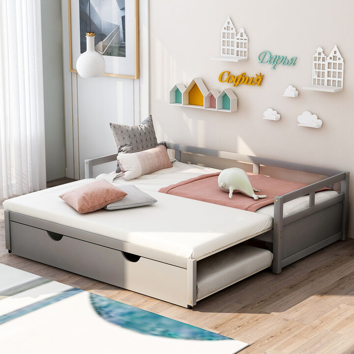 Whisen Wooden Daybed with Trundle, Extendable Twin to King Daybed Frame