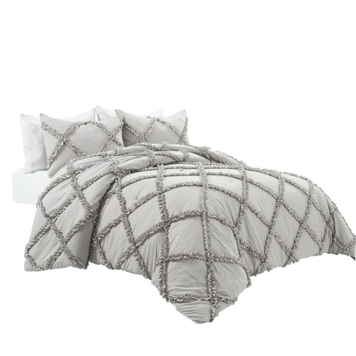 Ruffle Diamond Comforter Set Light Gray 3Pc Set Full/Queen