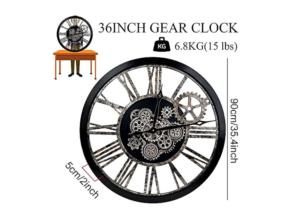 Style Black Bronze Real Moving Gears Wall Clock 36 Inch Wood Vintage