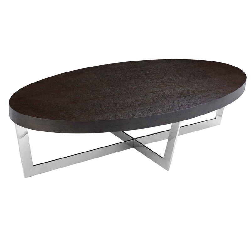 Tini 55 Inch Coffee Table, Oval Top, Chrome Frame, Espresso Brown Finish
