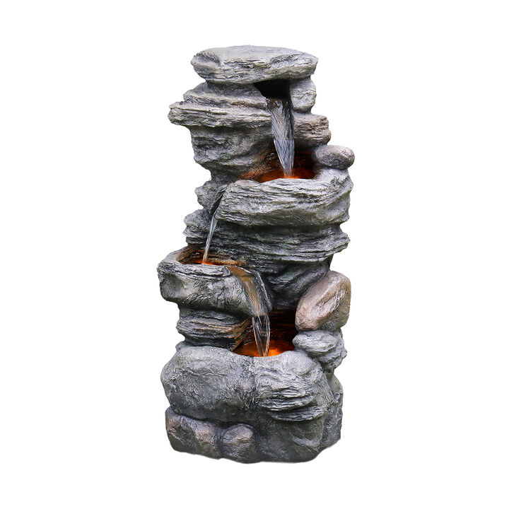 Outdoor Faux Stone 4-Tier Water Fountain with LED, Gray