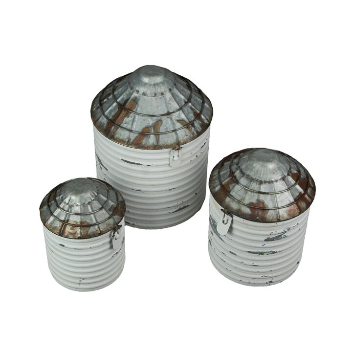 Vintage White Farmhouse Style Galvanized Decorative Tin Silo Canister Set of 3