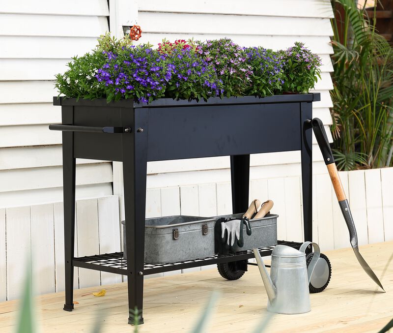LuxenHome Black Mobile Metal Raised Garden Bed Planter Cart with Legs