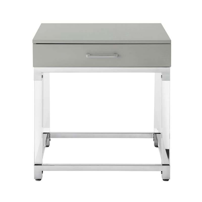 Inspired Home Kalel High Gloss 1 Drawer End Table with Acrylic Legs Stainless Steel Base