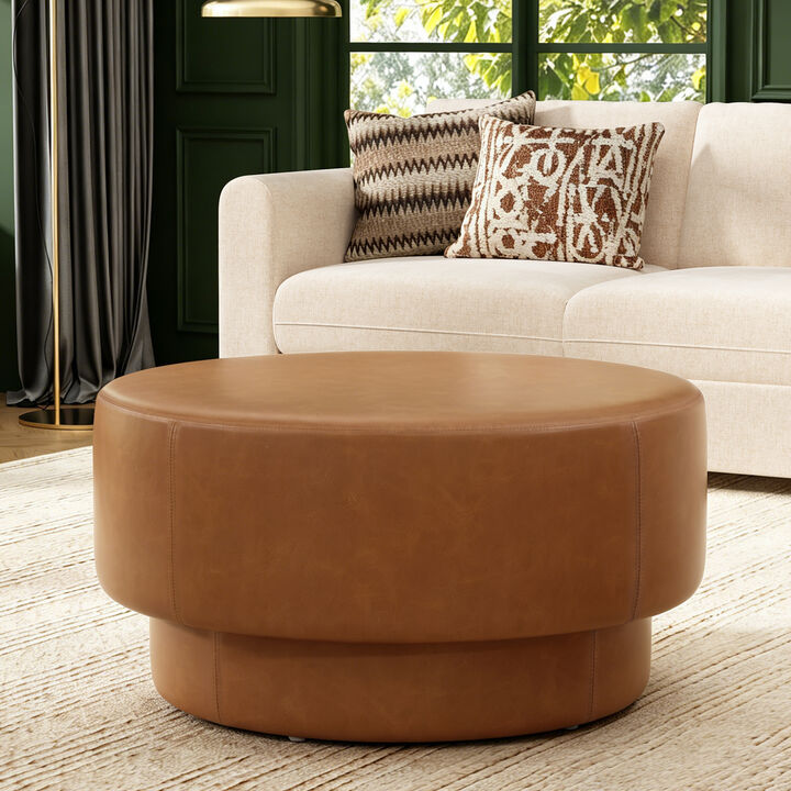 Merax Plush Velvet Round Ottoman with Two-Level Silhouette, Wide 33" Surface, Sturdy Frame