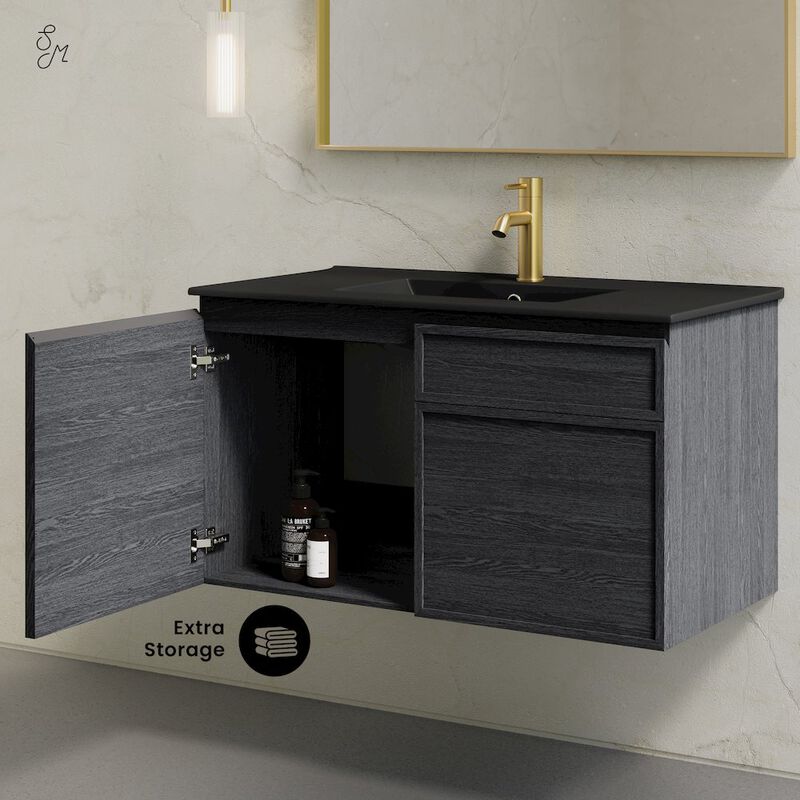 St. Tropez 36" Wall-Mounted Bathroom Vanity in Black Oak with Black Sink Top image number 7