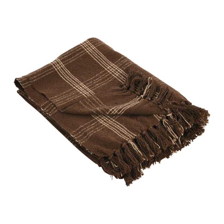 Recycled Cotton Blend Throw Blanket with Fringe, Grey Plaid