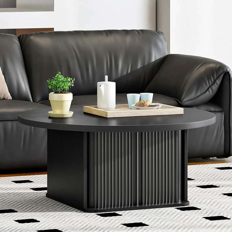 Modern Round Coffee Table with Sliding Door Storage for Living Room-Black image number 5