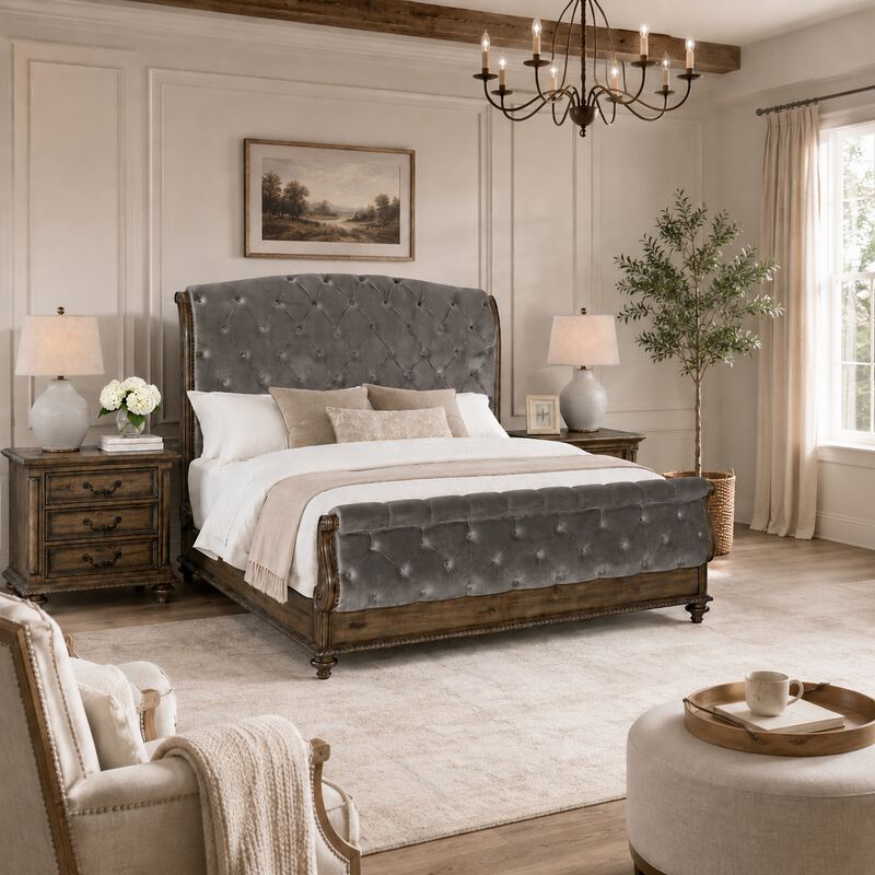 Queen Bedroom Set, Gray, Brown Wood, 3 Piece Set with 2 Nightstands image number 8
