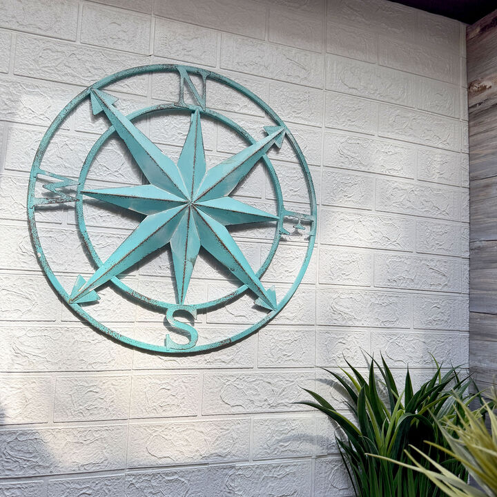 Aqua Metal Compass Rose Wall Decor 20.25 inch Coastal Nautical Beach Art