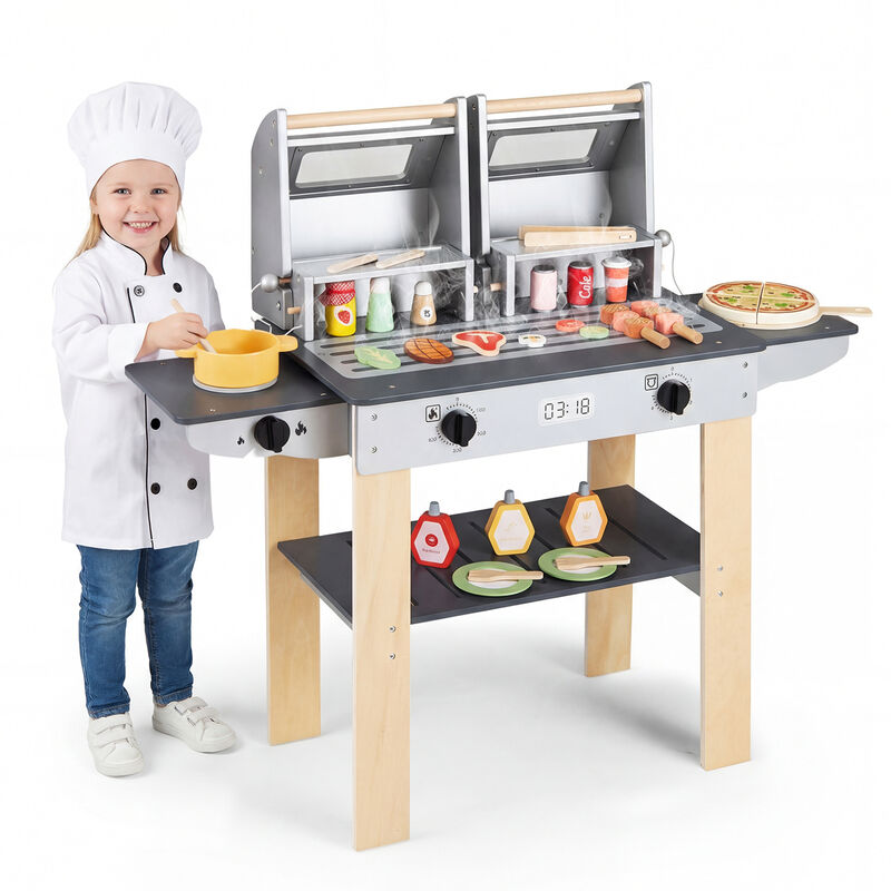 Kids Pretend BBQ Grill Set with Wooden Grill Tools and Play Food Accessories-Grey image number 7