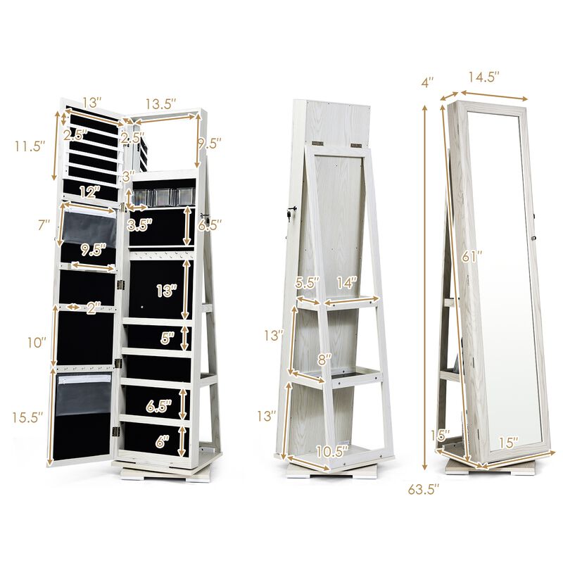 360&deg; Rotatable 2-in-1 Lockable Jewelry Cabinet with Full-Length Mirror