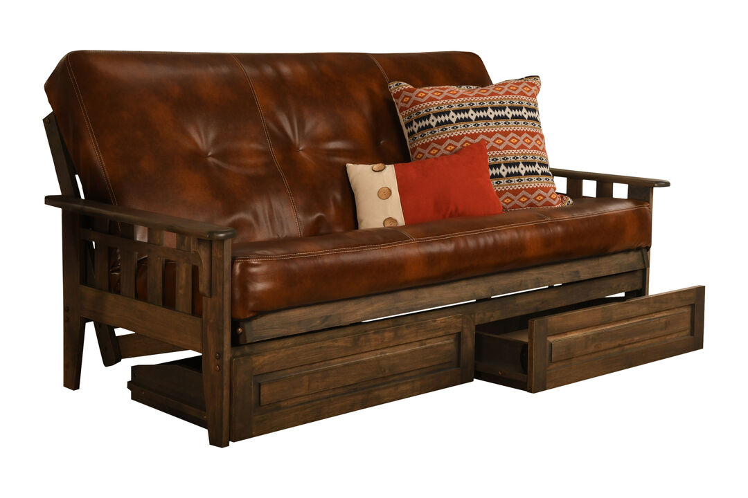 Tucson Futon in Rustic Walnut Finish with Storage Drawers and Saddle Brown Mattress