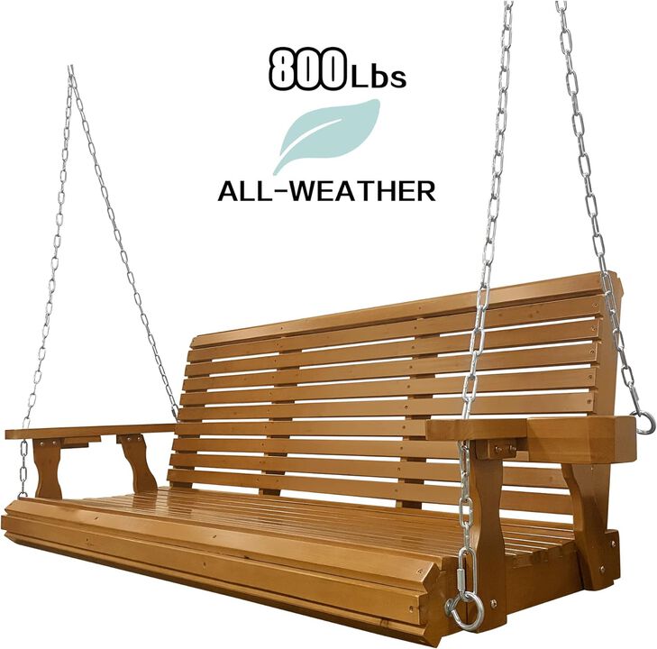 Wooden Porch Swing 3-Seater, Bench Swing with Cupholders, Hanging Chains and 7mm Springs, Heavy Duty 800 LBS, for Outdoor Patio Garden Yard, Brown-5 feet Extra Large