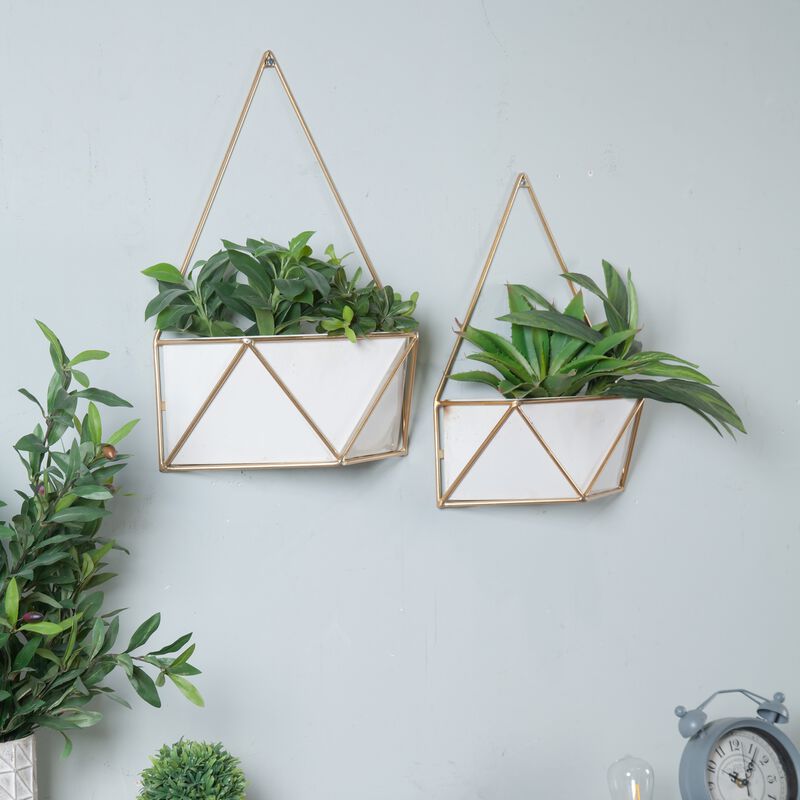 LuxenHome Set of 2 White and Gold Succulent Metal Cachepot Wall Planters