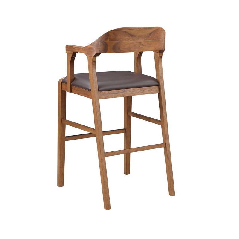 Rase 29 Inch Barstool Chair, Faux Leather Seat, Open Curved Back, Brown - Benzara
