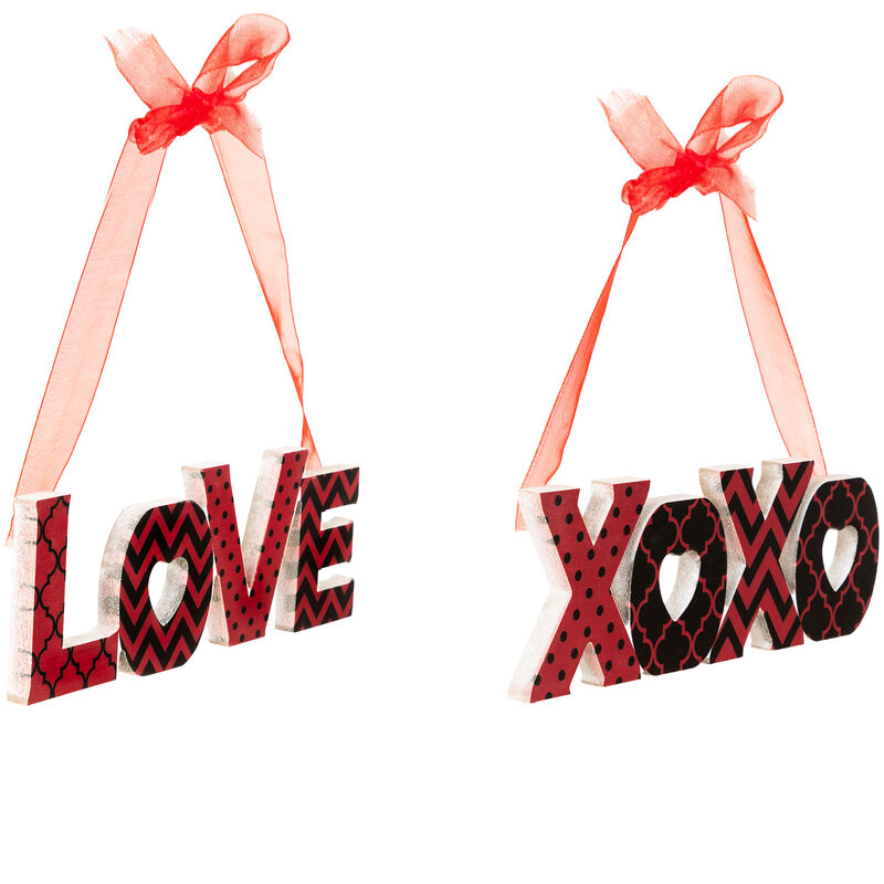Wooden LOVE and XOXO Valentine's Day Wall Decorations - 8" - Red and Black - Set of 2